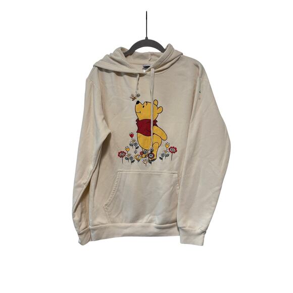 Disney Tops - Disney Winnie the Pooh Women’s Large Cream Fleece Hoodie Floral Pullover LG